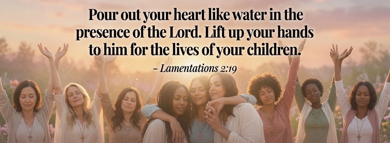 Diverse women with raised hands in prayer and worship